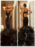 Mermaid Spaghetti Straps Appliques Satin Ruffles Prom Dress LBQ3764